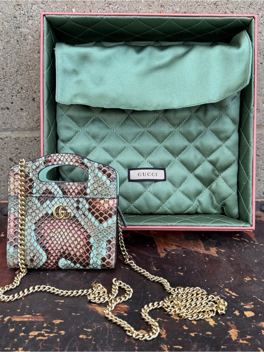 Gucci GG Marmont Top Handle Card Case Wallet in Python Snake Leather